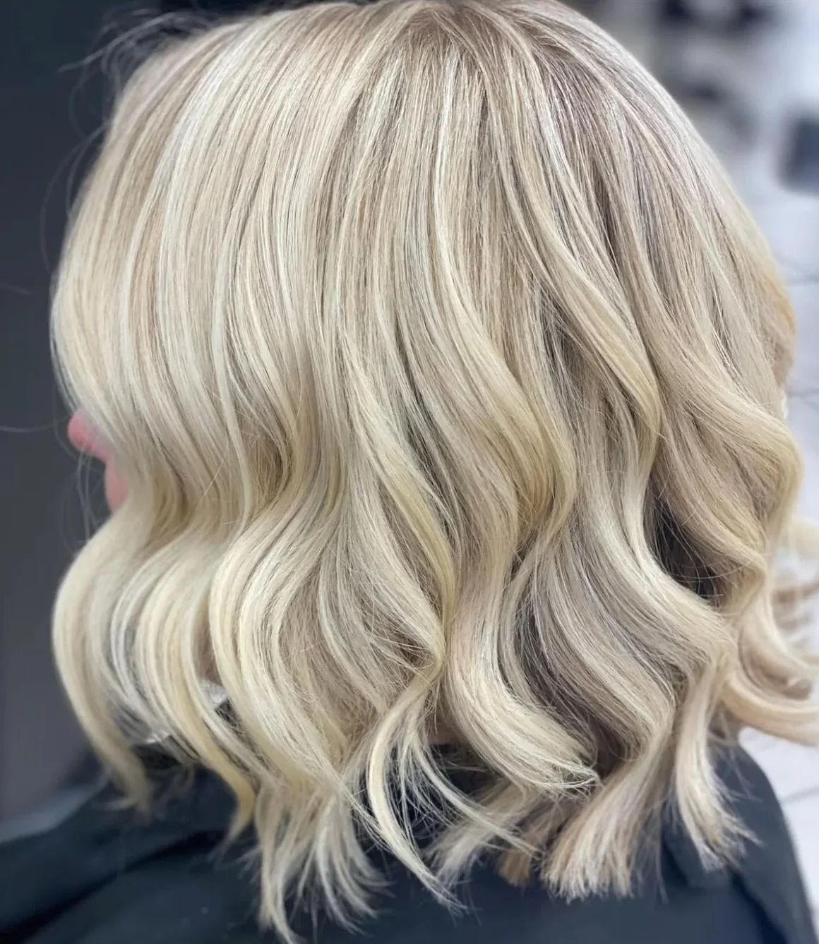 A blonde lob with foils and a cool toner, waved out at Cello Hairdressers in Five Dock.