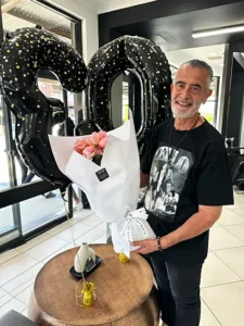 cello hairdressers 30th annniversary with Rick and Flowers