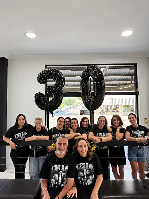 cello hairdressers 30th anniversary balloon with the team