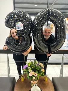 cello hairdressers 30th anniversary balloon with Rick and Rosalie